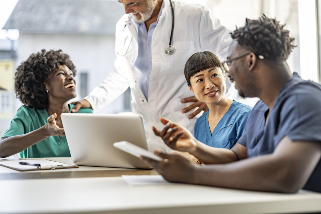 Diverse Medical Team Collaborating in a Bright Office Setting